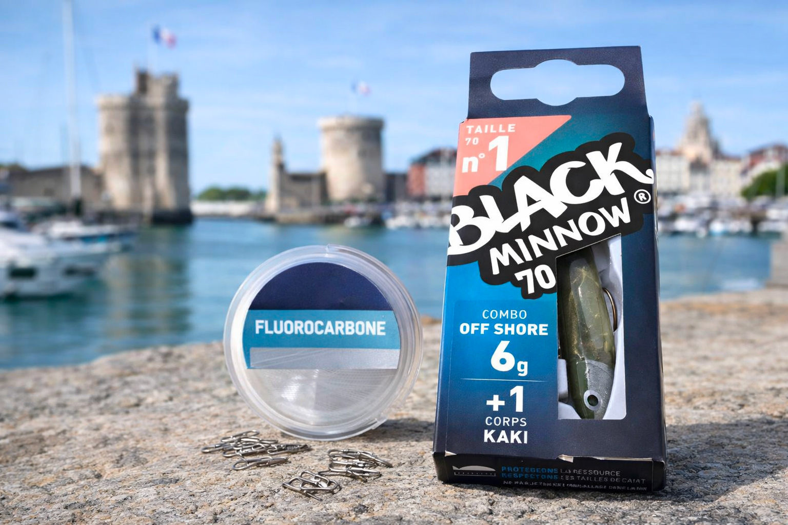 Black Minnow, bobine de fluorocarbone et agrafes